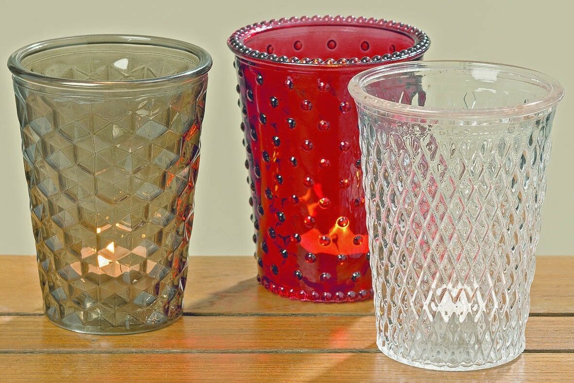 3 X BOLTZE WINDLICHT GLAS KERZENLEUCHTER TROJA ROT BRAUN KLAR 13 CM | eBay