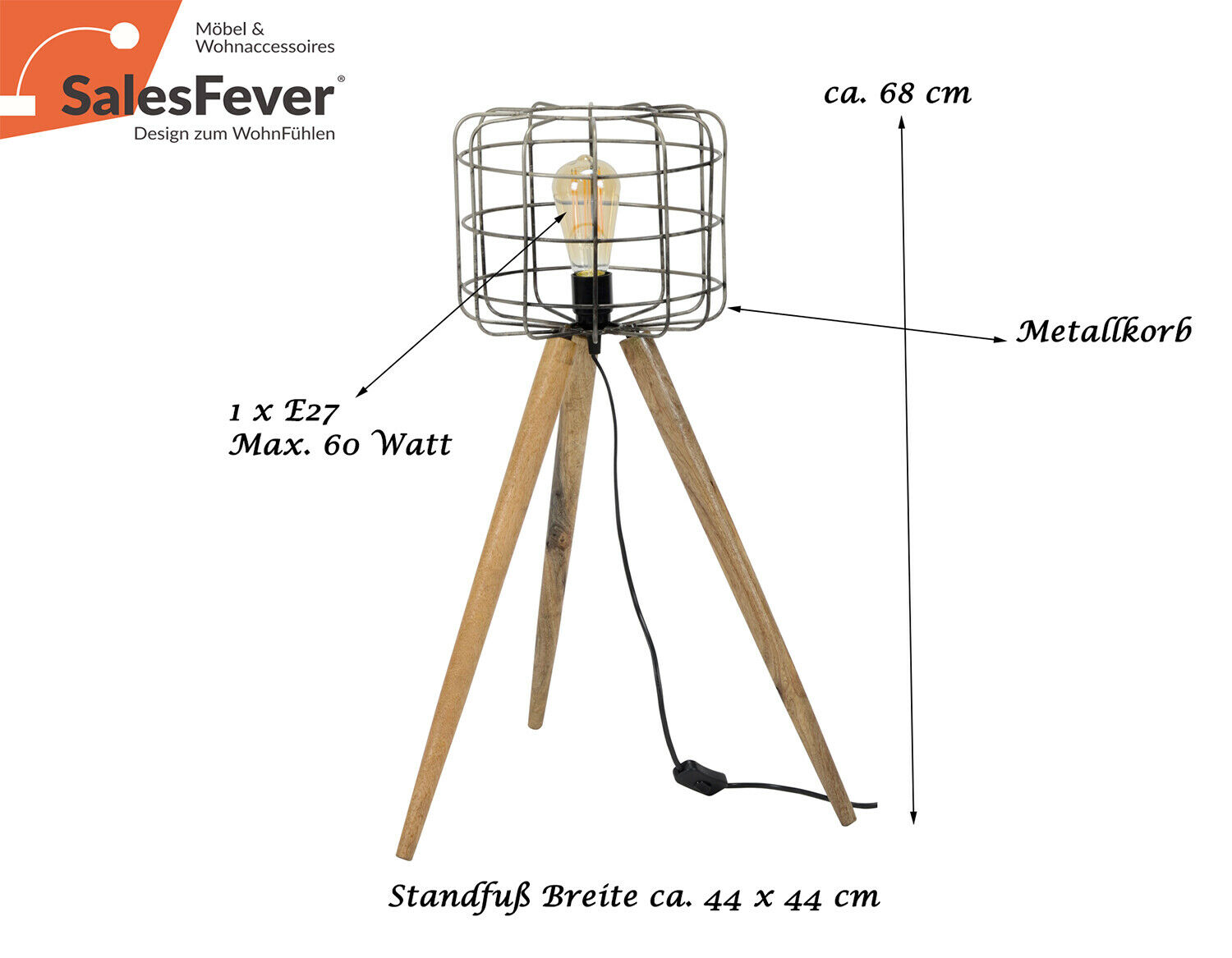 Design Stehlampe Stehleuchte 68 cm Lampe Holzstativ Leuchte "TIM-LUCA