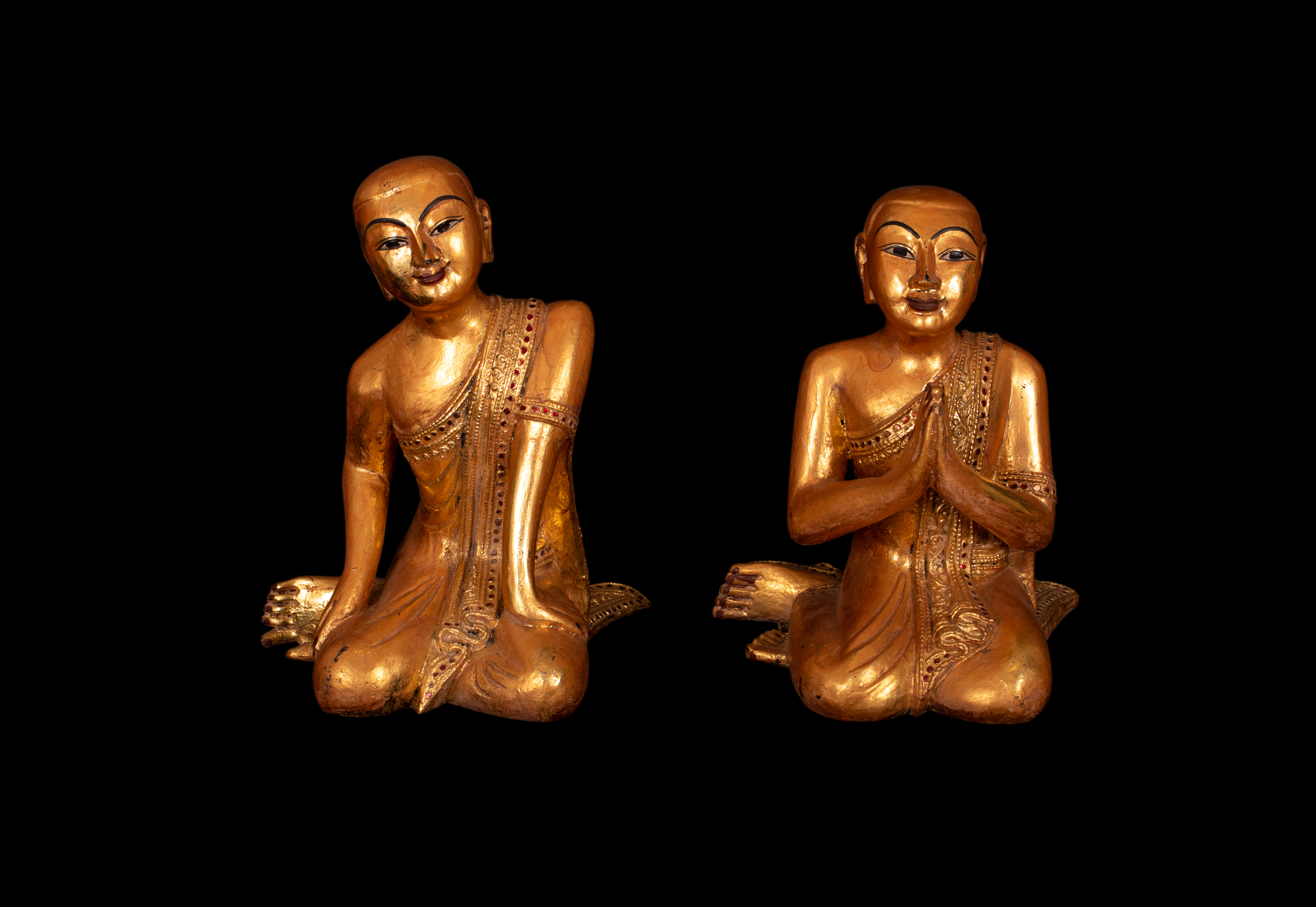 A Pair Wooden Figures - Buddha Students Sariputta & Moggallana,Burma 20.  Century | eBay