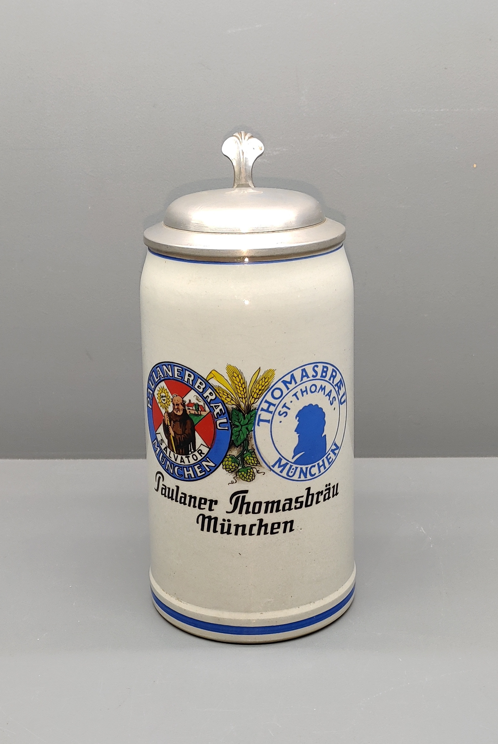 Paulaner Thomasbräu München Bierkrug mit Zinndeckel 1